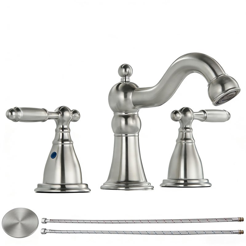 RKF Bathroom Faucets for Sink 3 Brushed Nickel 8 inch Widespread Bathroom Sink Faucet with Drain Double Lever Handle Faucet Bathroom Vanity Faucet Basin Mixer Tap WF013-BN - Image 1